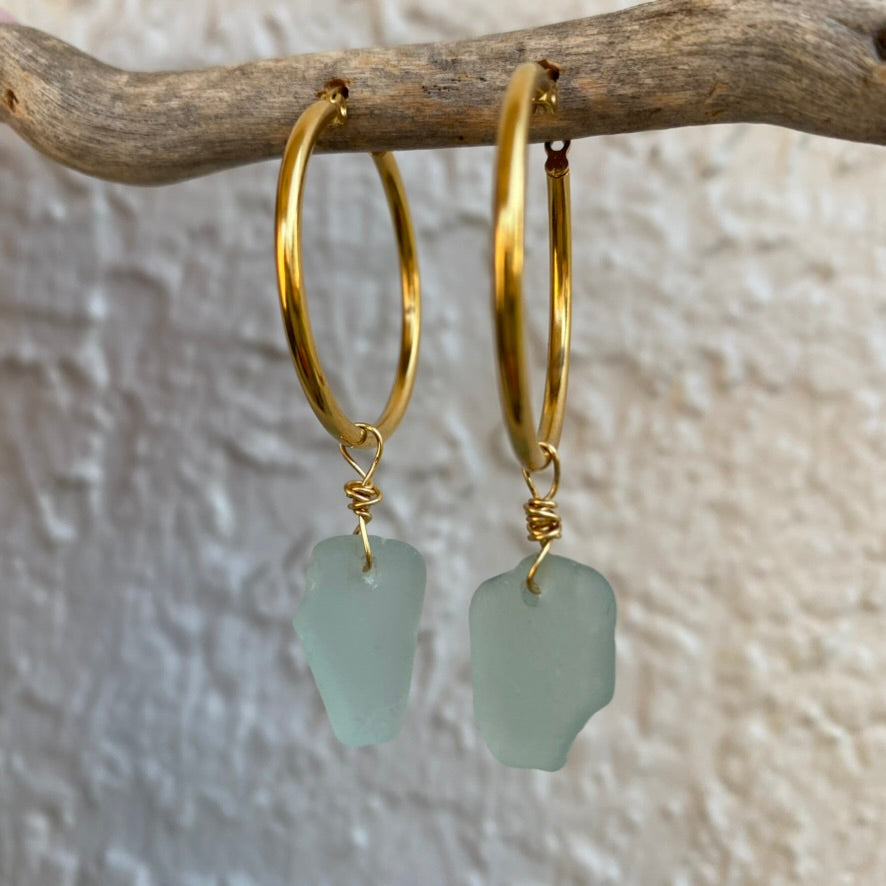 Sea Foam Sea Glass Earrings on 18K Gold PVD Hoops