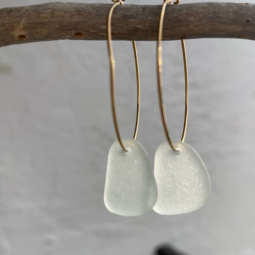 Light Sea Foam Sea Glass Earrings on Gold PVD Thin Hoops