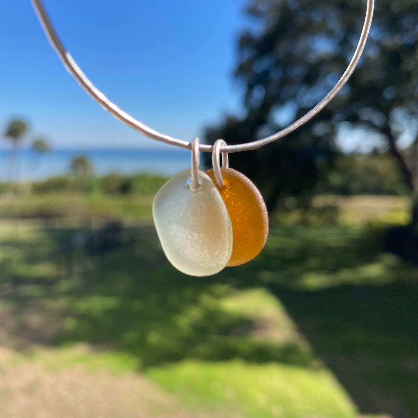 Sterling Silver Sea Glass Bangle Bracelet – Brown & Sea Foam