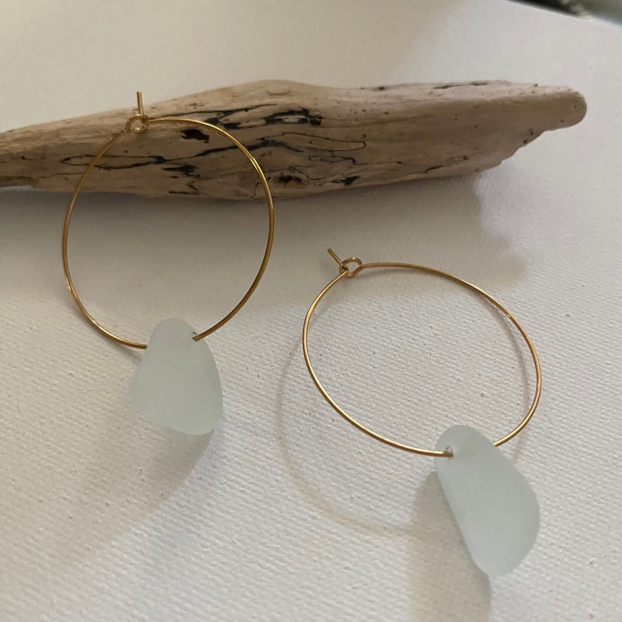 Light Sea Foam Sea Glass Earrings on Gold PVD Thin Hoops