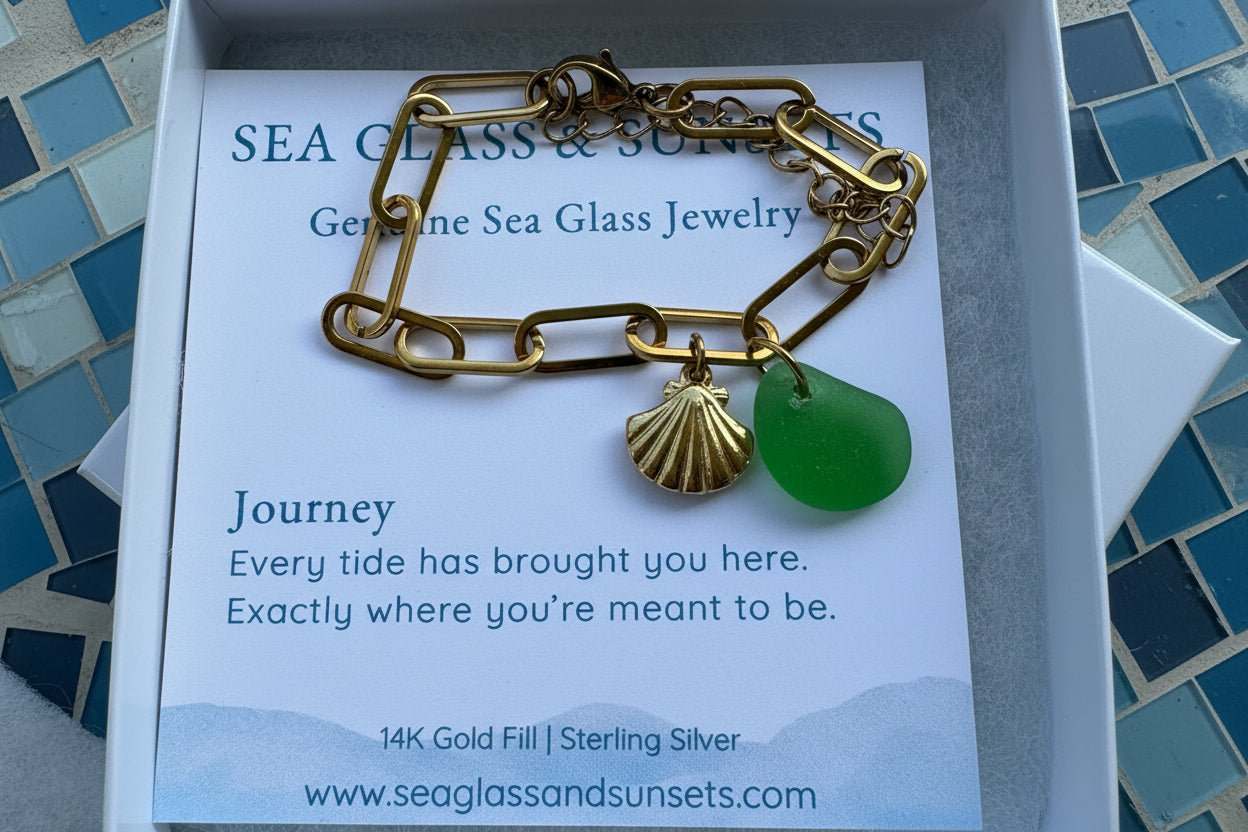 18K Gold PVD Sea Glass & Shell Paperclip Bracelet