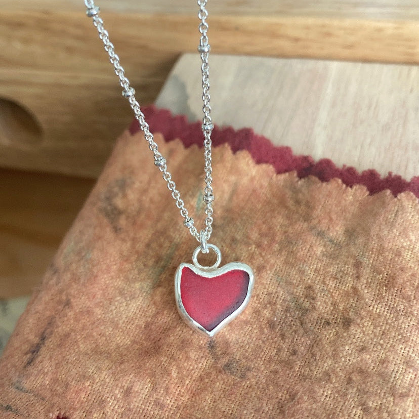 Rare Red Sea Glass Heart Necklace – Bezel Set in Sterling Silver