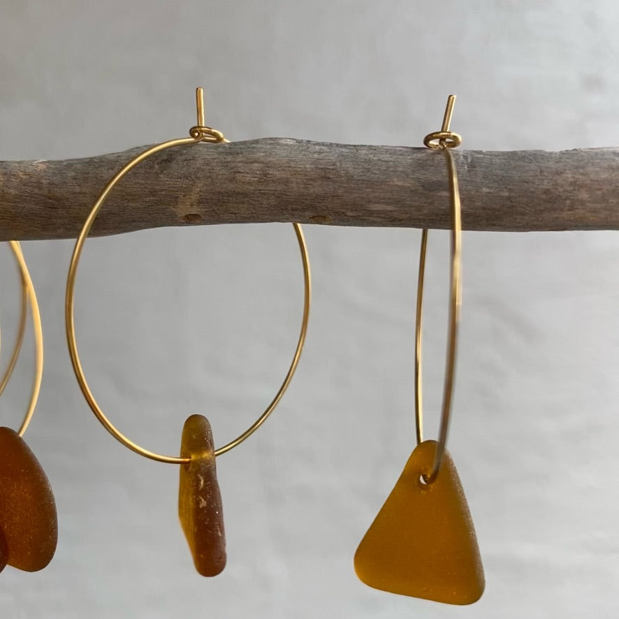 Brown Triangle Sea Glass Earrings on Gold PVD Thin Hoops