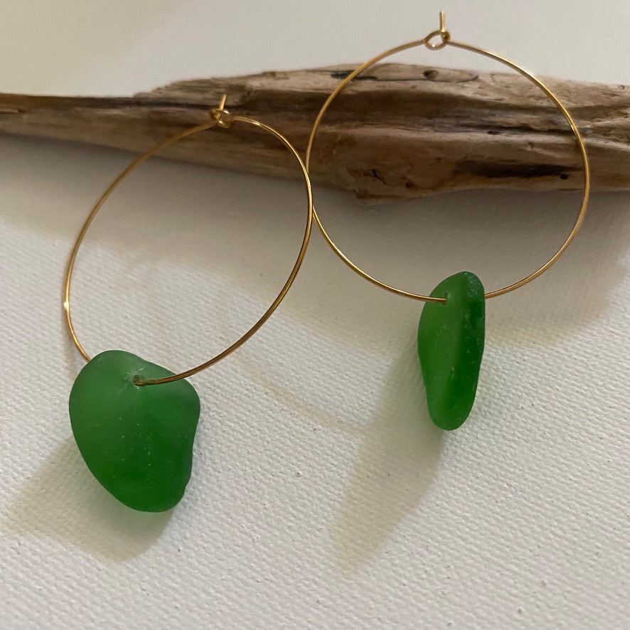 Kelly Green Sea Glass Earrings on Gold PVD Thin Hoops 2
