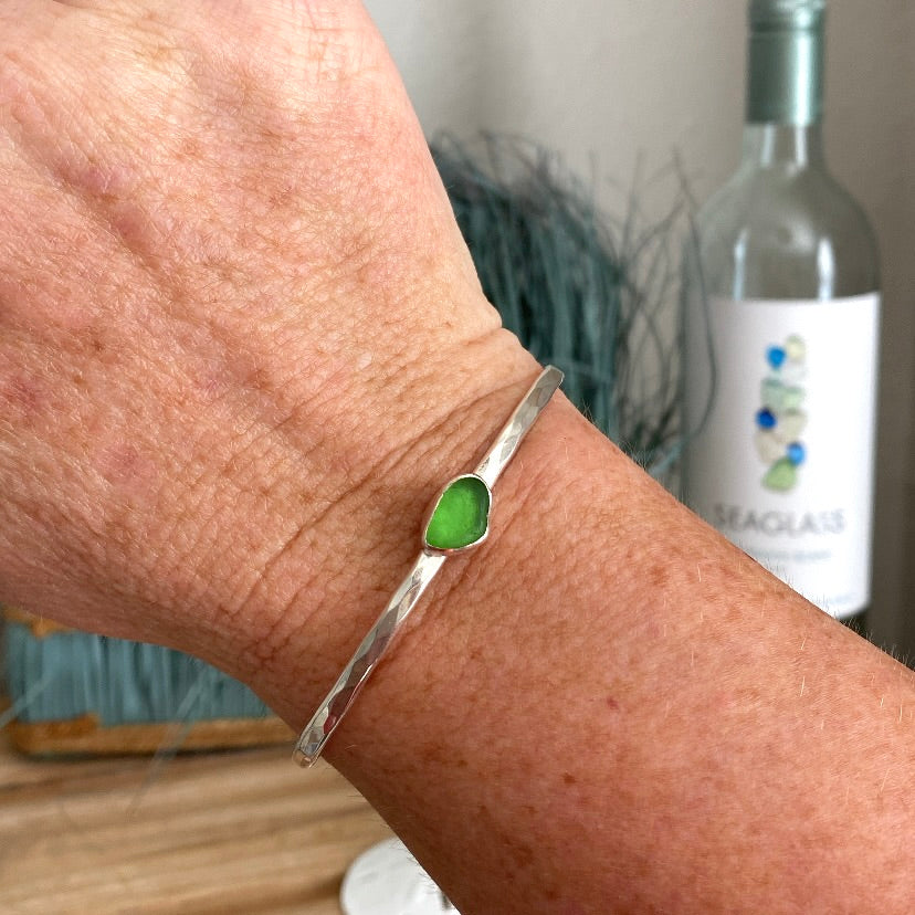 Kelly Green Sea Glass Cuff  Bracelet