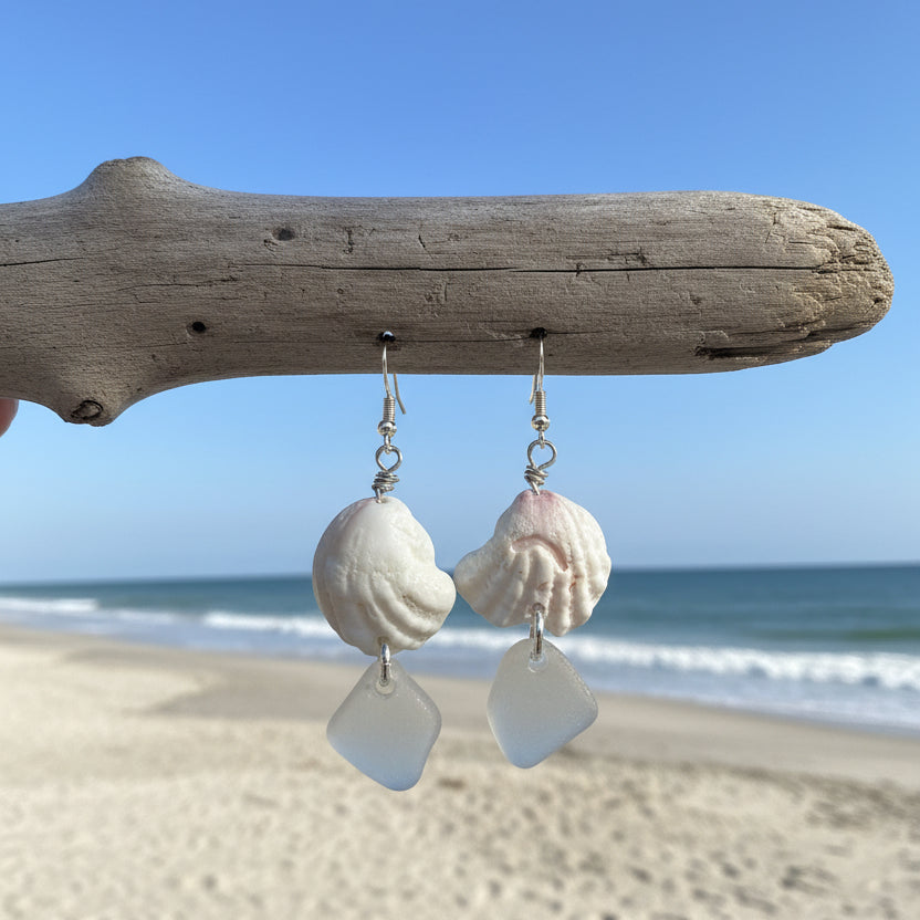 Clear Sea Glass & Spiny Jewelbox Shell Sterling Silver Earrings