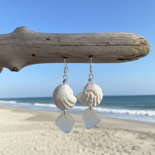 Clear Sea Glass & Spiny Jewelbox Shell Sterling Silver Earrings