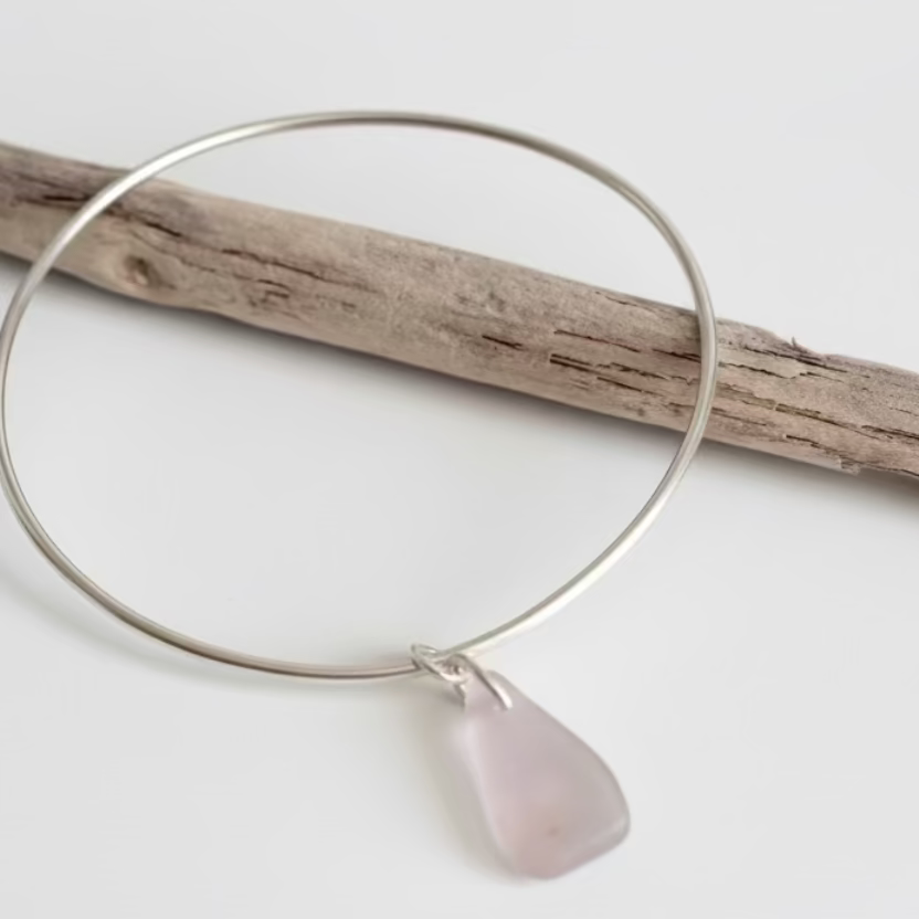 Sterling Silver Sea Glass Bangle Bracelet – Light Purple/Pink