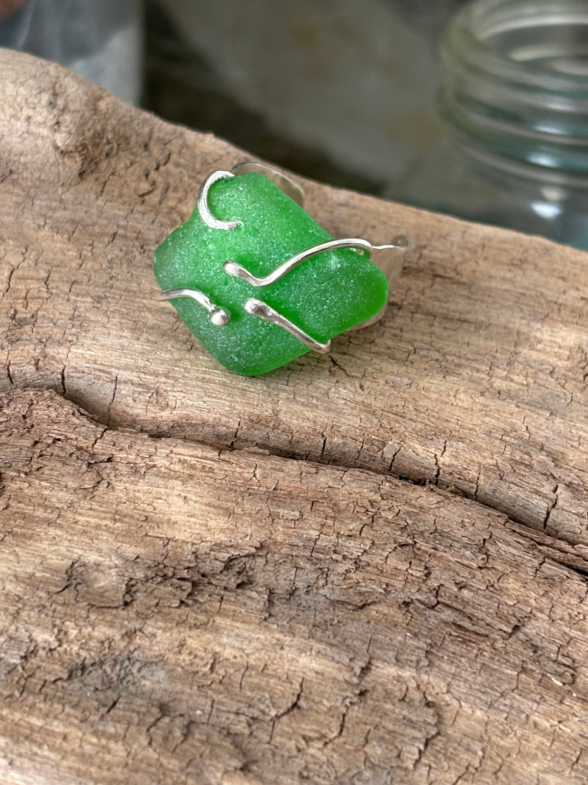 Kelly Green Sea Glass Sterling Silver Cuff Ring