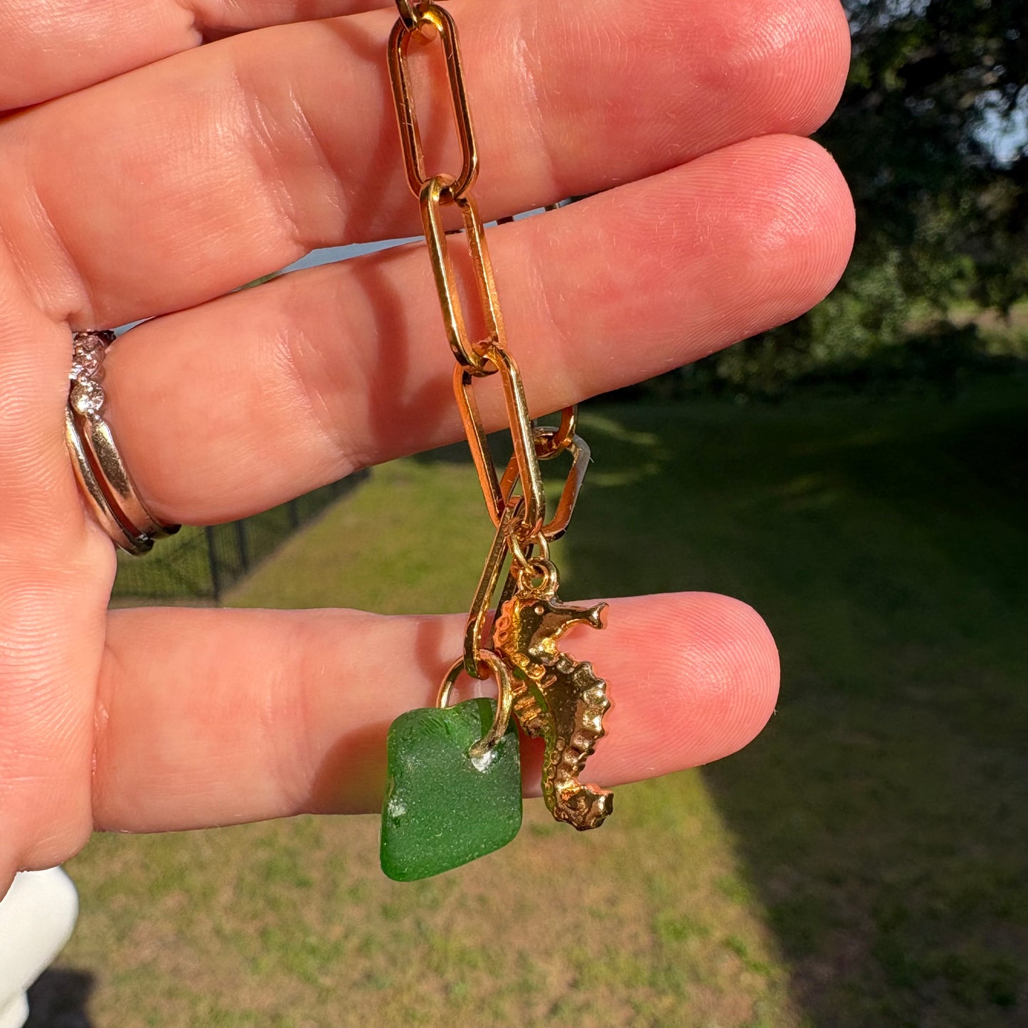 18K Gold PVD Sea Glass & Sea Horse Paperclip Bracelet