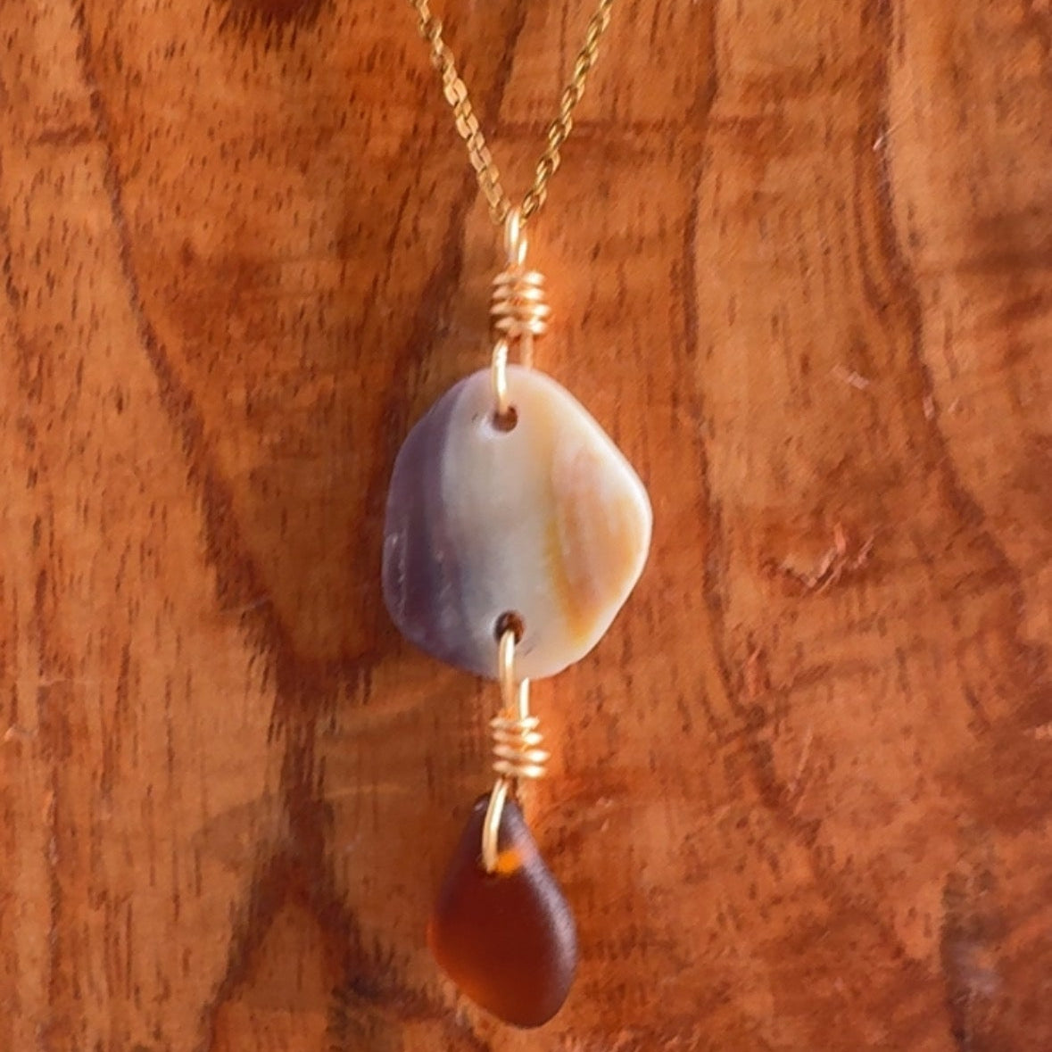 18K Gold PVD Sea Glass & Wampum Shell Chain Necklace
