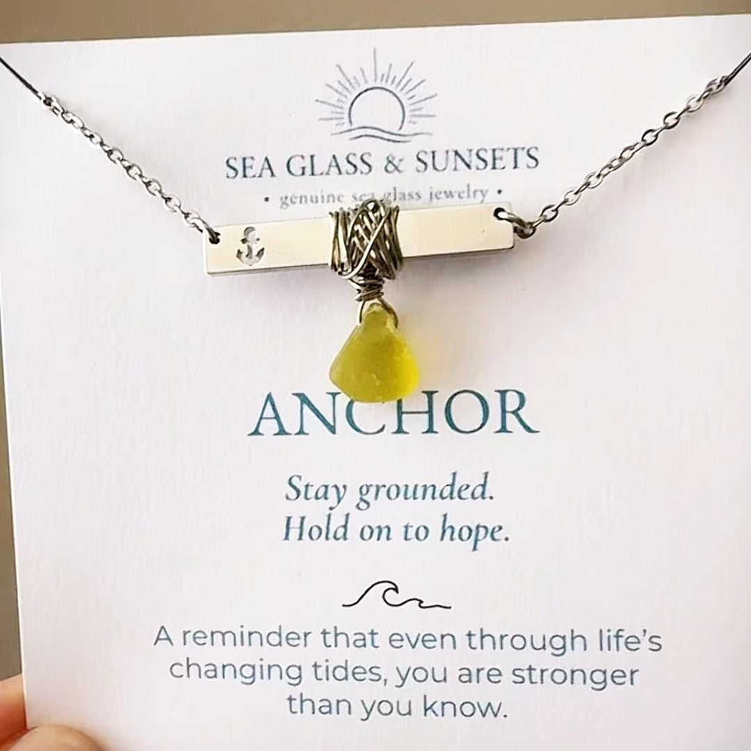Silver Anchor Bar Necklace with Citron Sea Glass