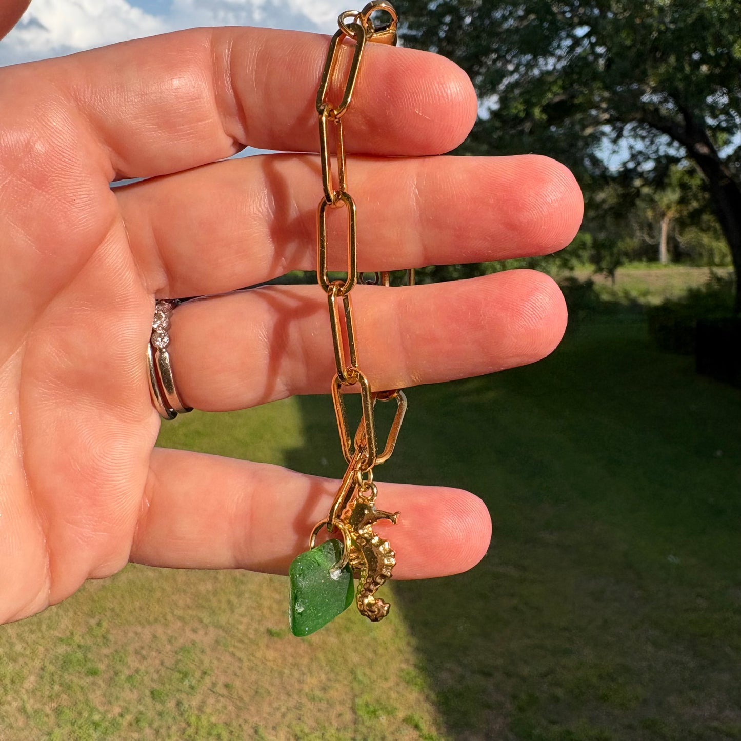 18K Gold PVD Sea Glass & Sea Horse Paperclip Bracelet