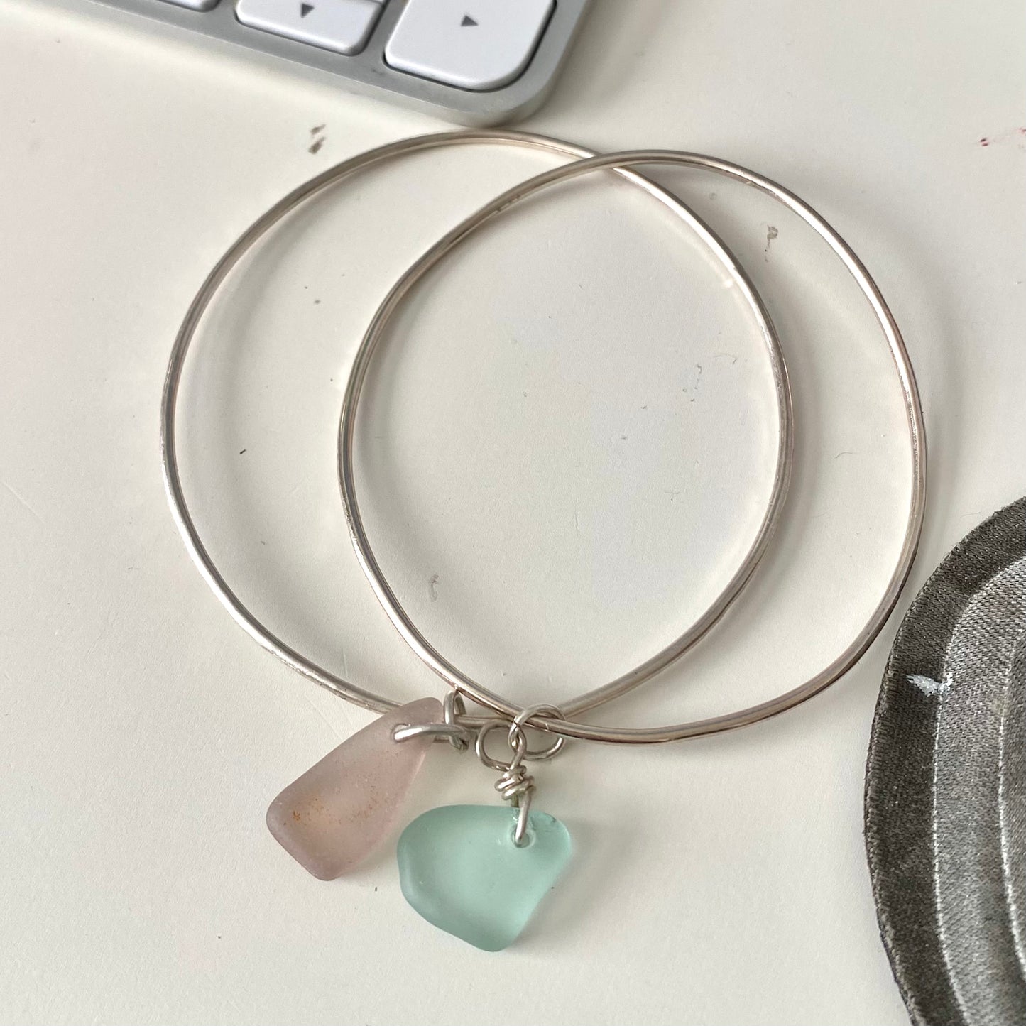 Sterling Silver Sea Glass Bangle Bracelet – Aqua
