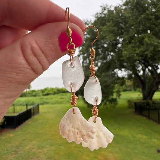 Clear Sea Glass & Kitten’s Paw Shell Earrings – Gold Plated