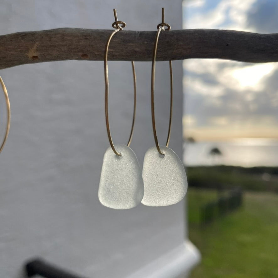 Light Sea Foam Sea Glass Earrings on Gold PVD Thin Hoops