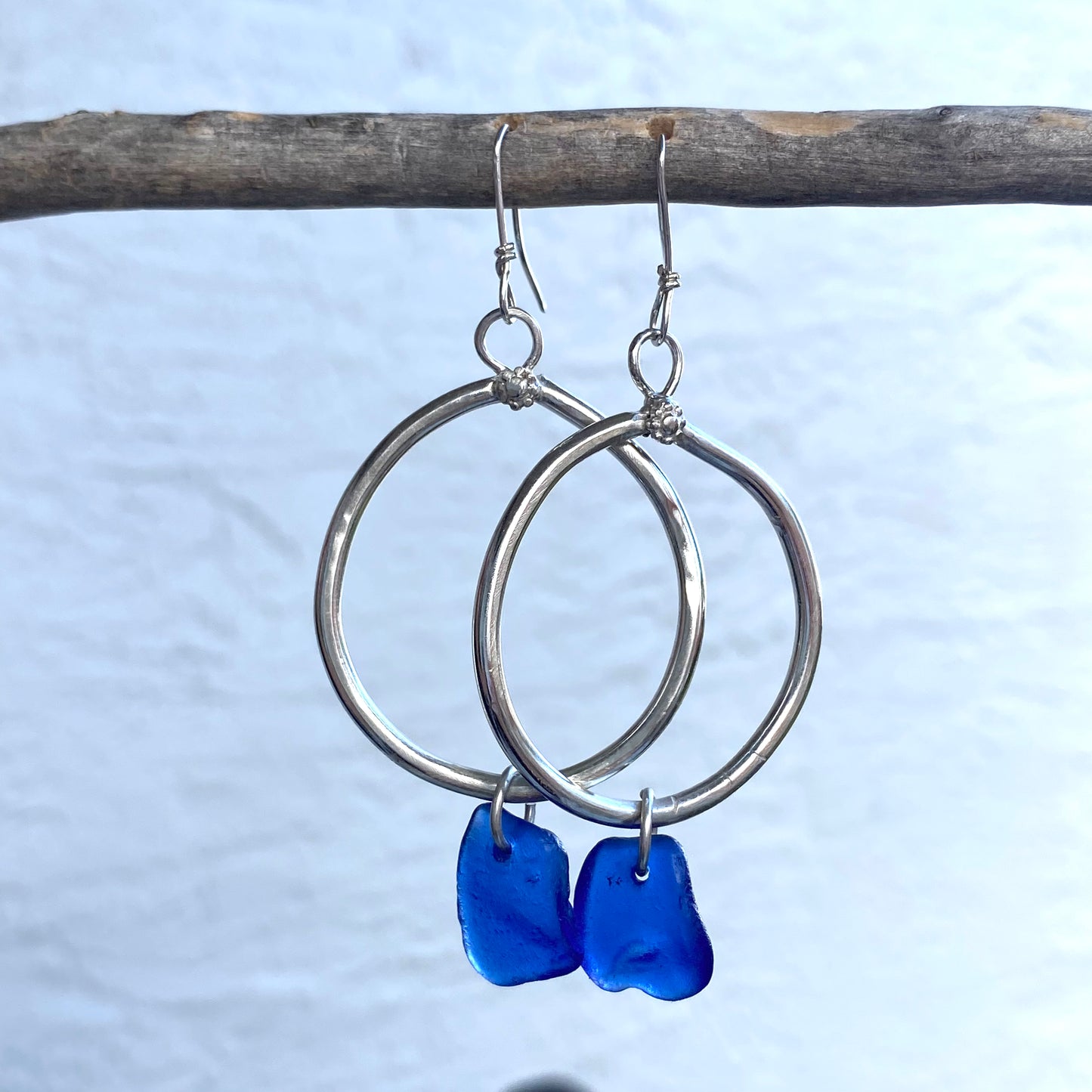 Handmade Sterling Silver Cobalt Blue Sea Glass Dangle Earrings