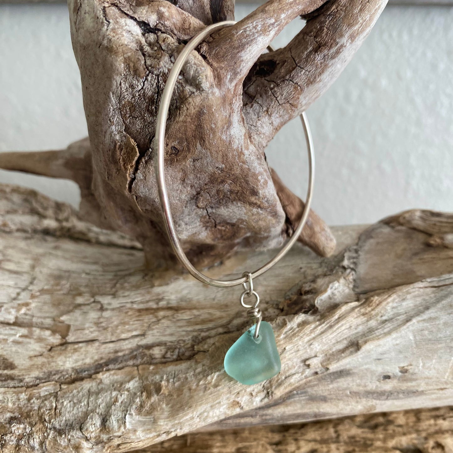 Sterling Silver Sea Glass Bangle Bracelet – Aqua
