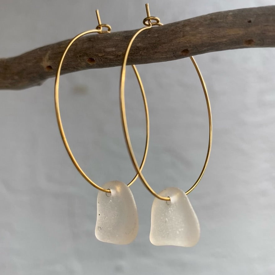 Blush-Tinted Sea Glass Earrings on Gold PVD Thin Hoops