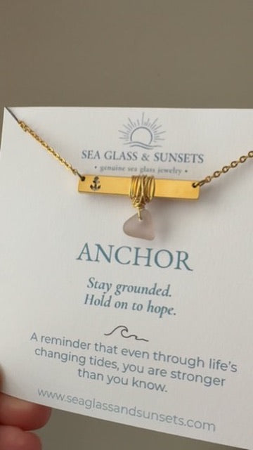 Gold Anchor Bar Necklace with Light Purple Sea Glass