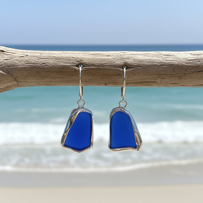 Cobalt Blue Sea Glass Open Bezel Sterling Silver Dangle Earrings