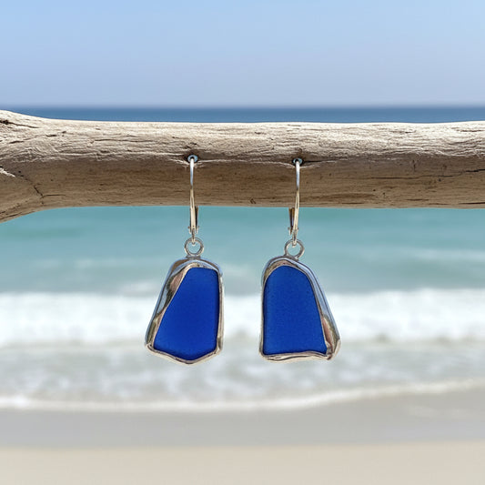 Cobalt Blue Sea Glass Open Bezel Sterling Silver Dangle Earrings