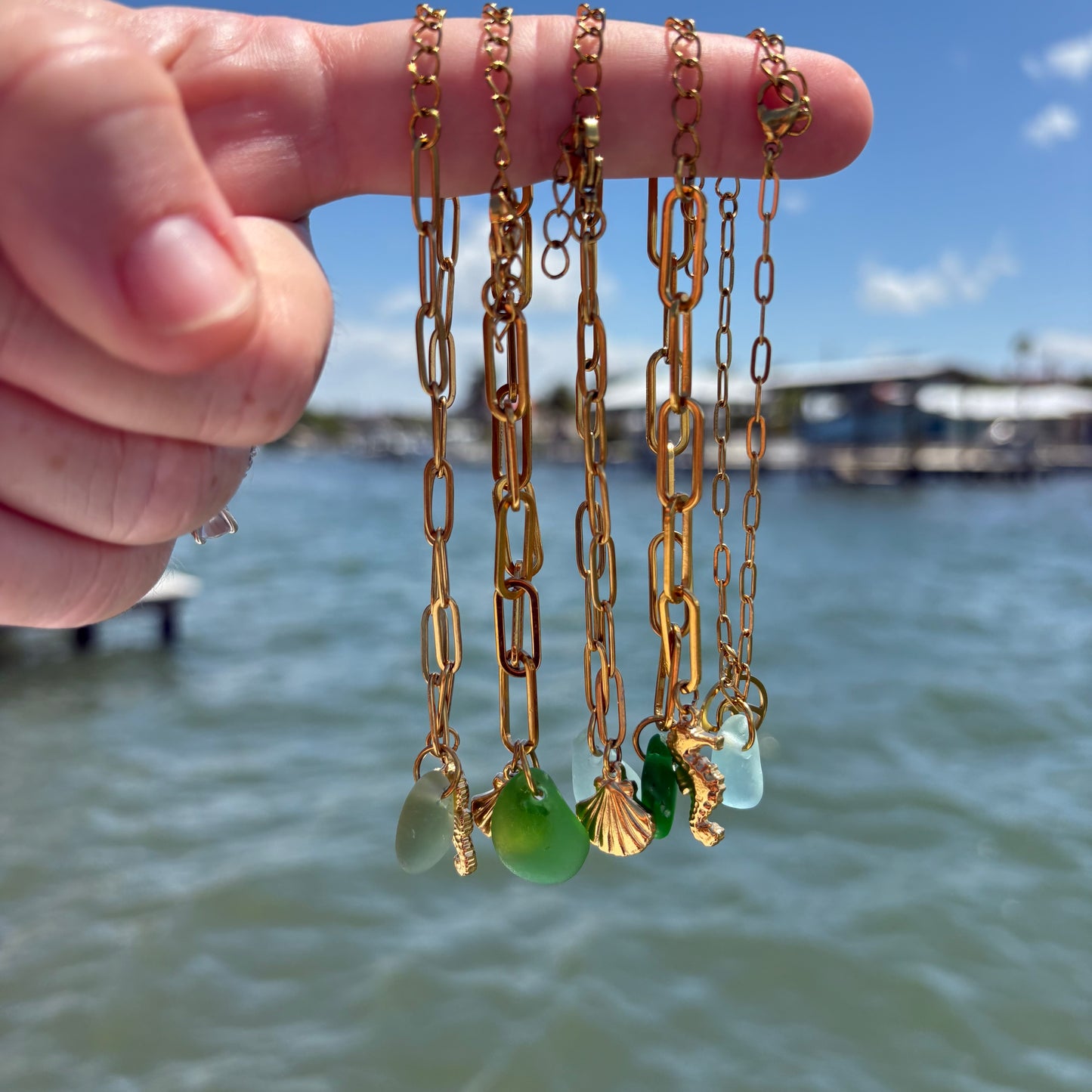 18K Gold PVD cobalt Sea Glass & Wave Paperclip Bracelet