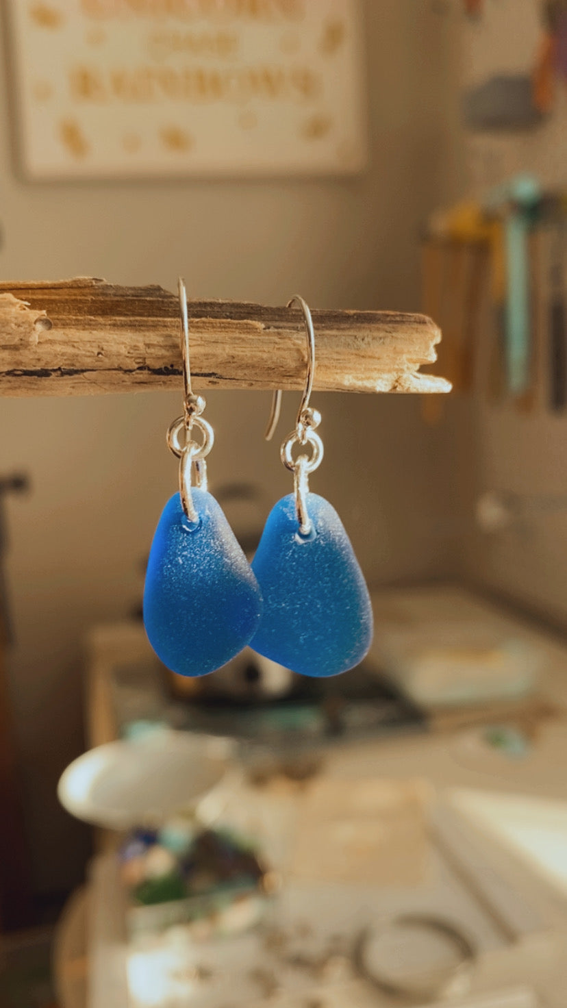 Simple Cobalt Blue sea glass earrings | Dangle Earrings | Silver Beach Glass