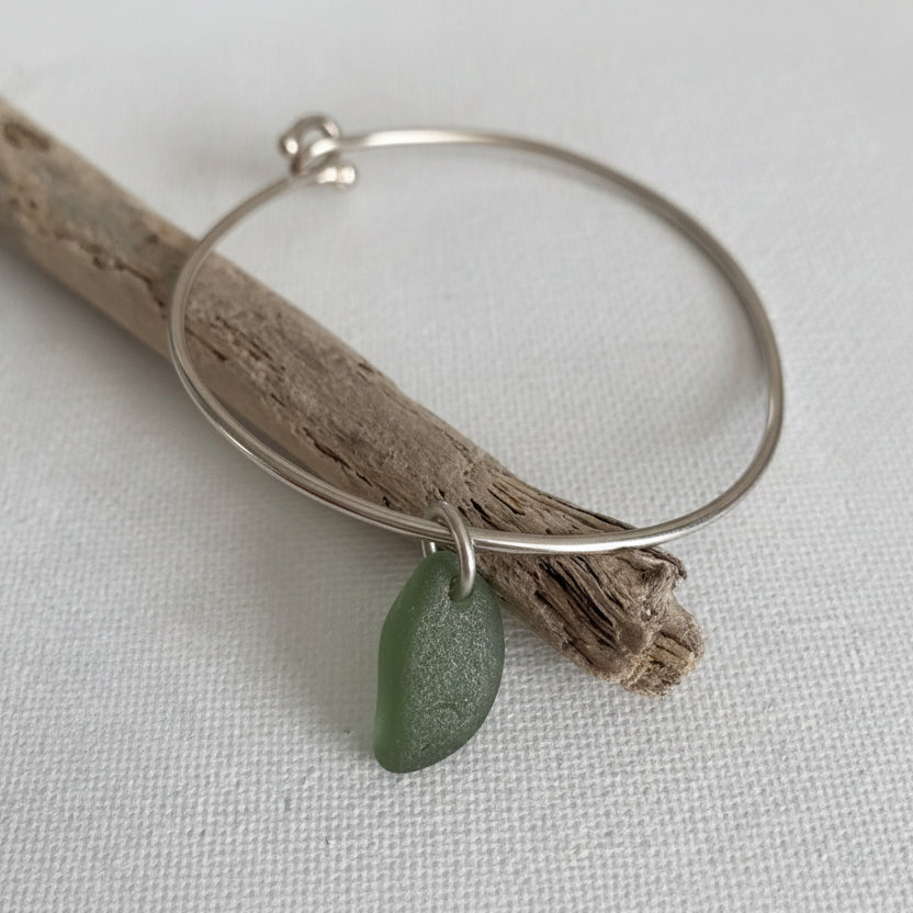 olive green sea glass open bangle bracelet