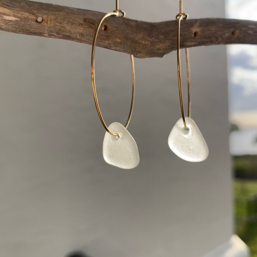 Small Clear Sea Glass Earrings on Gold PVD Thin Hoops
