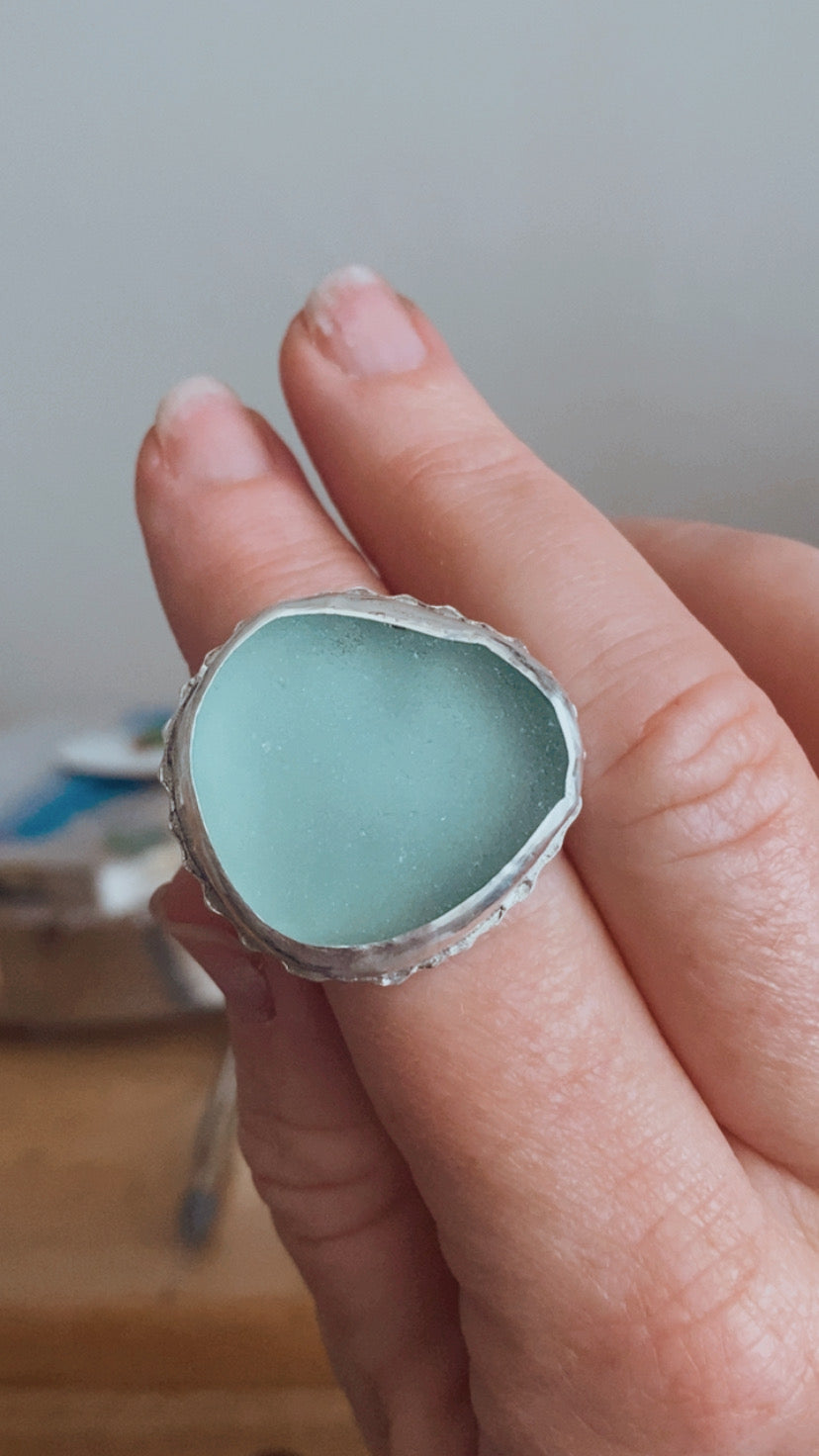 Sea Foam Sea Glass Statement Ring – Sterling Silver (Size 9)