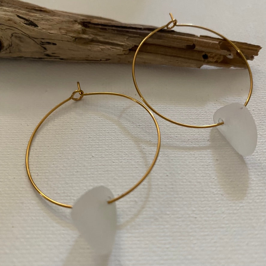 Small Clear Sea Glass Earrings on Gold PVD Thin Hoops