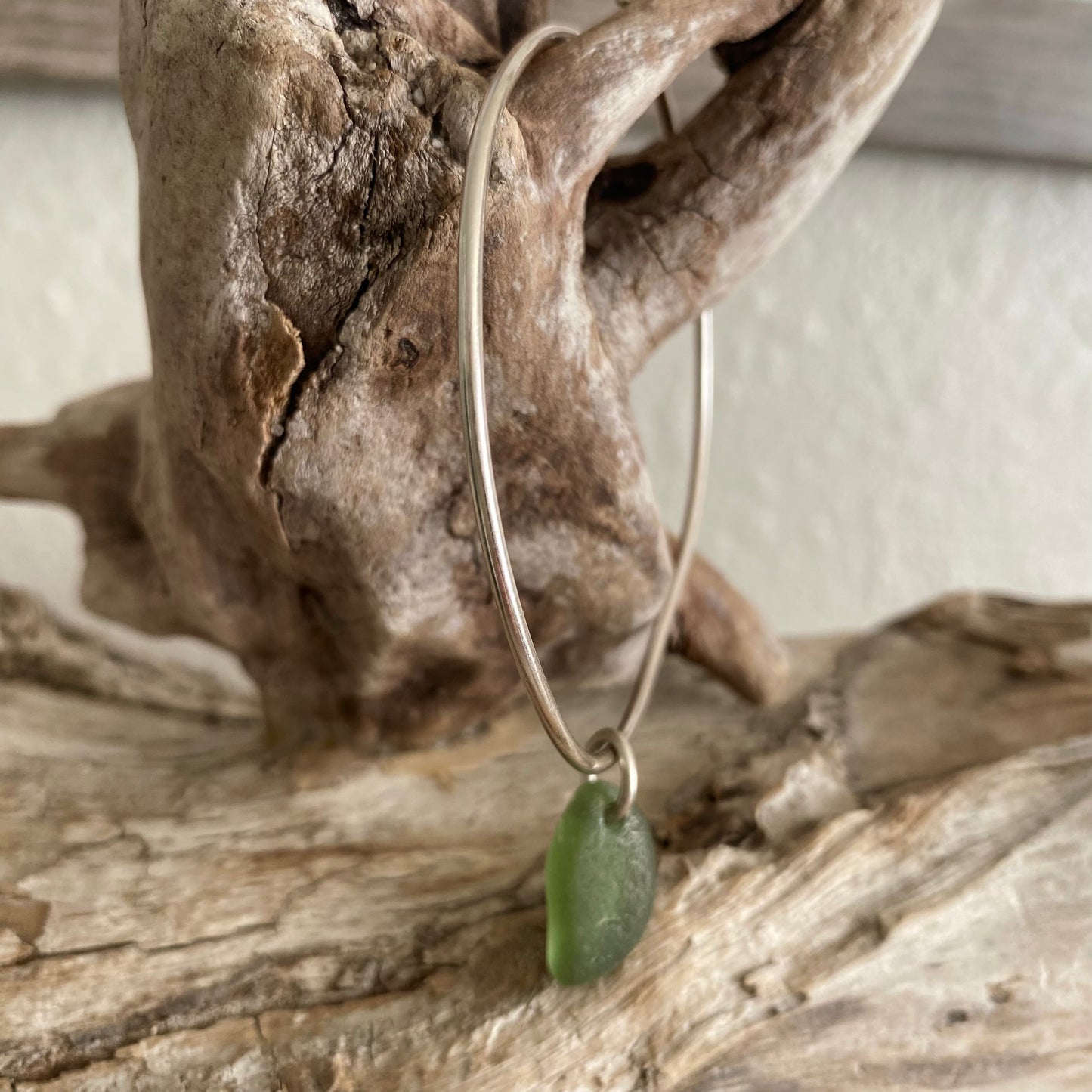 Sterling Silver Sea Glass Bangle Bracelet – Olive Green