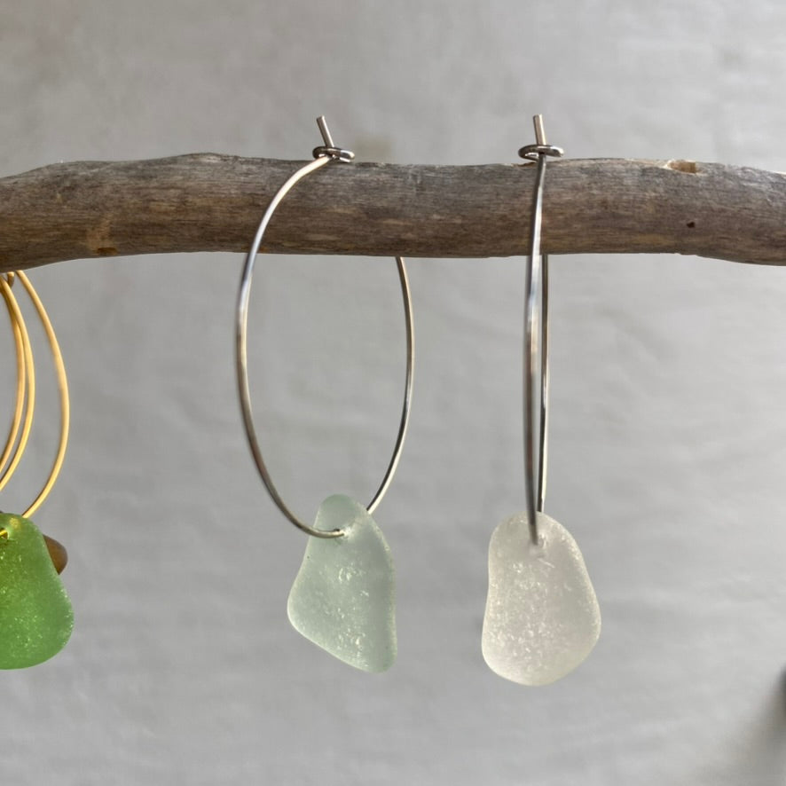 Clear & Sea Foam Sea Glass Earrings on Silver Stainless Steel Hoops