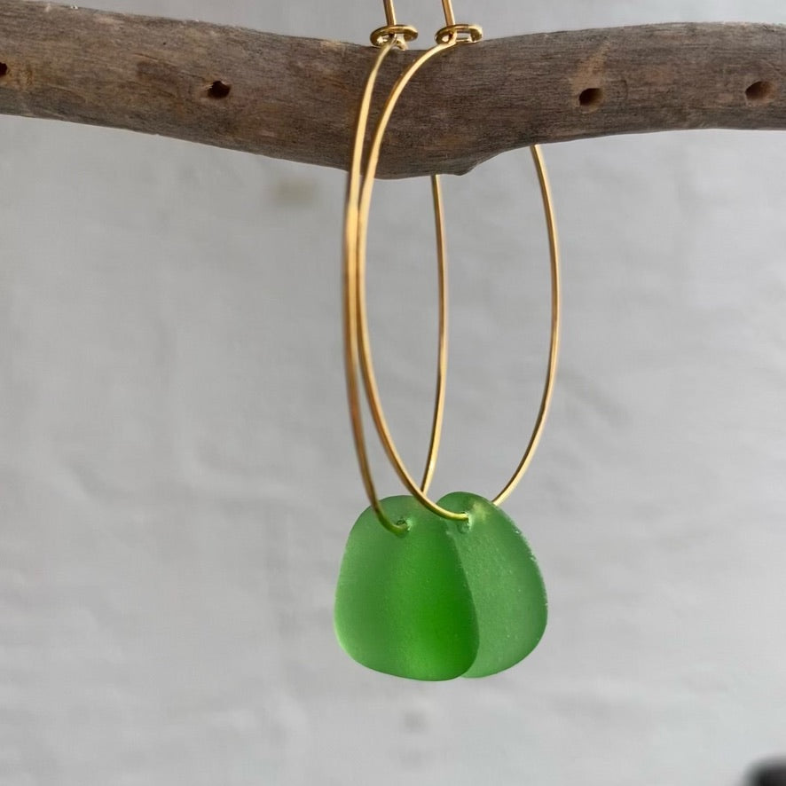 Kelly Green Sea Glass Earrings on Gold PVD Thin Hoops