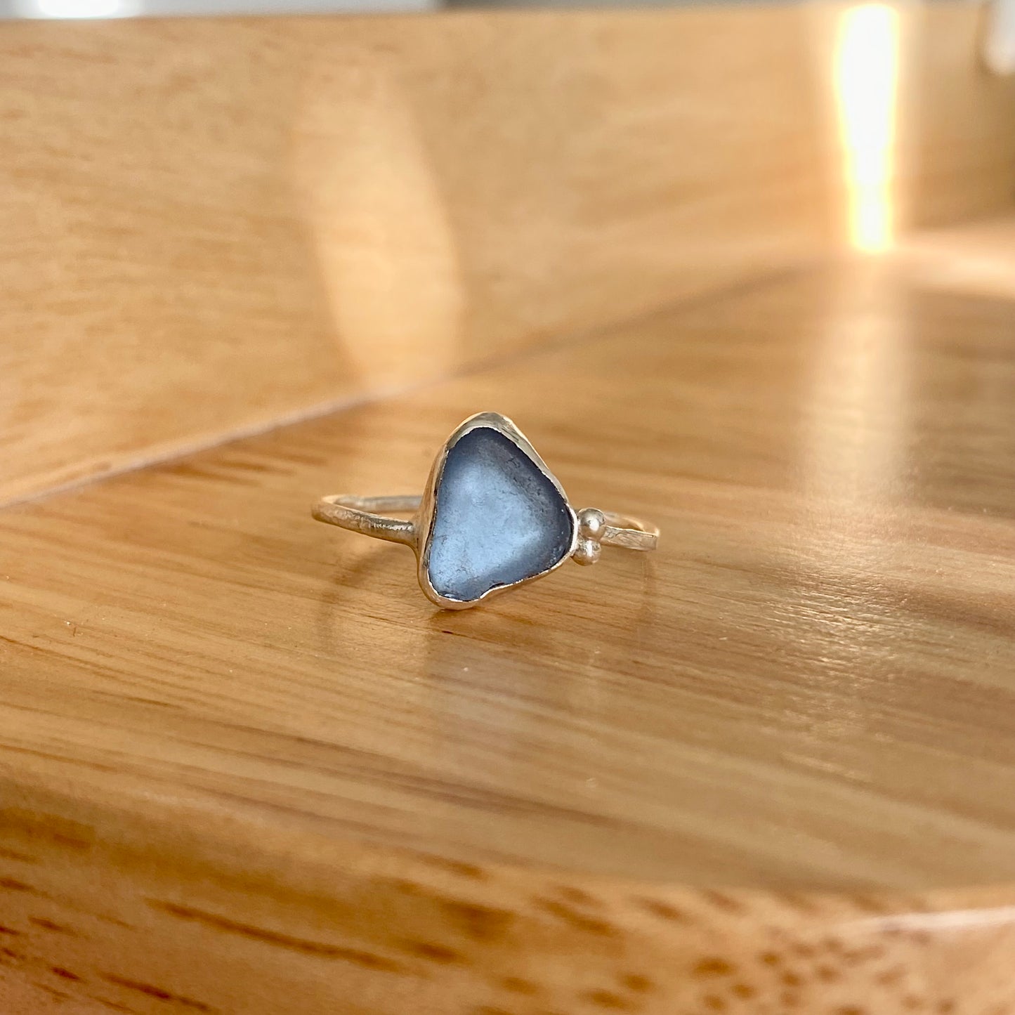 Cornflower Blue Sea Glass Bezel Ring – Sterling Silver (Size 9)