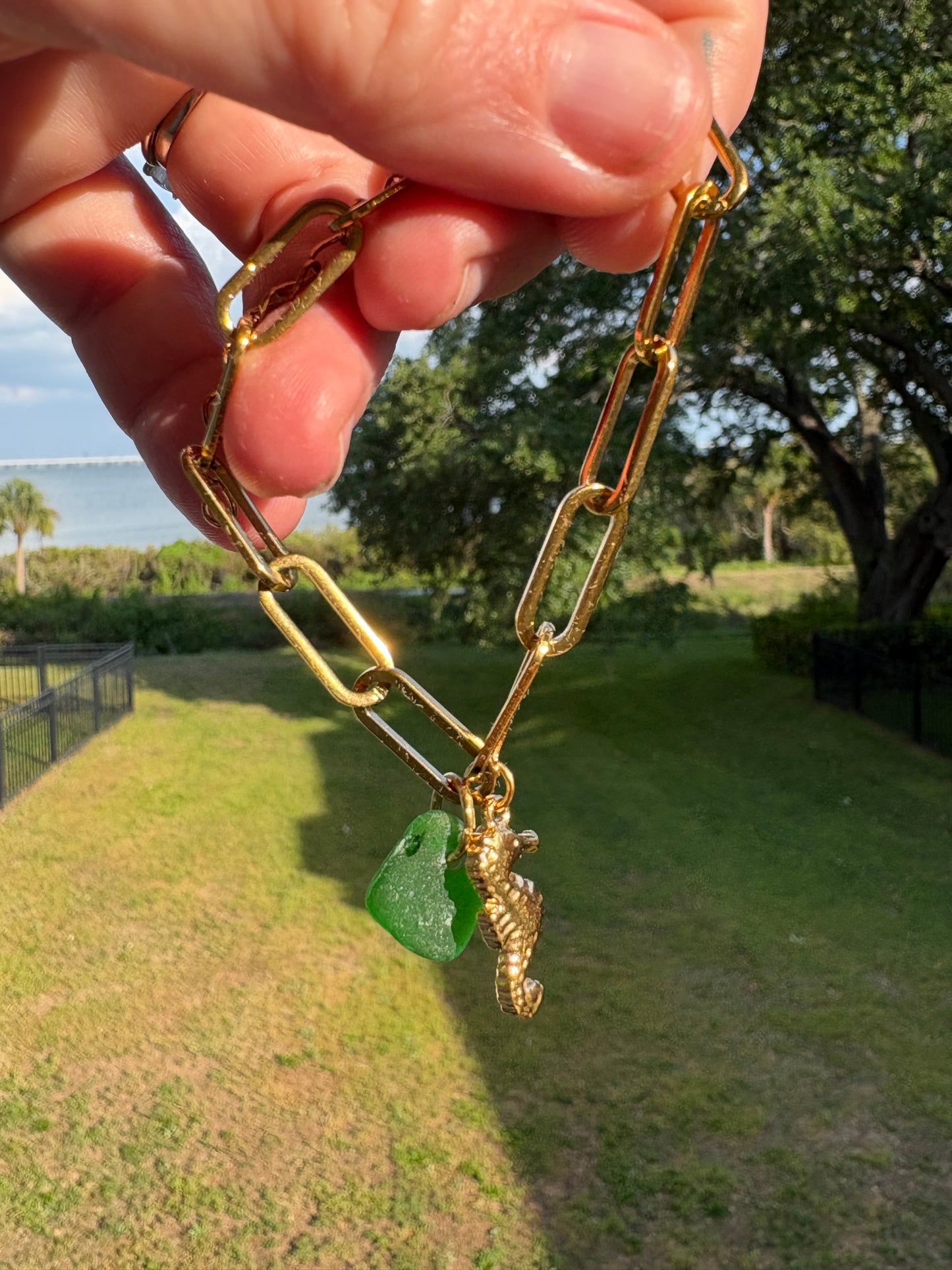 18K Gold PVD Sea Glass & Sea Horse Paperclip Bracelet