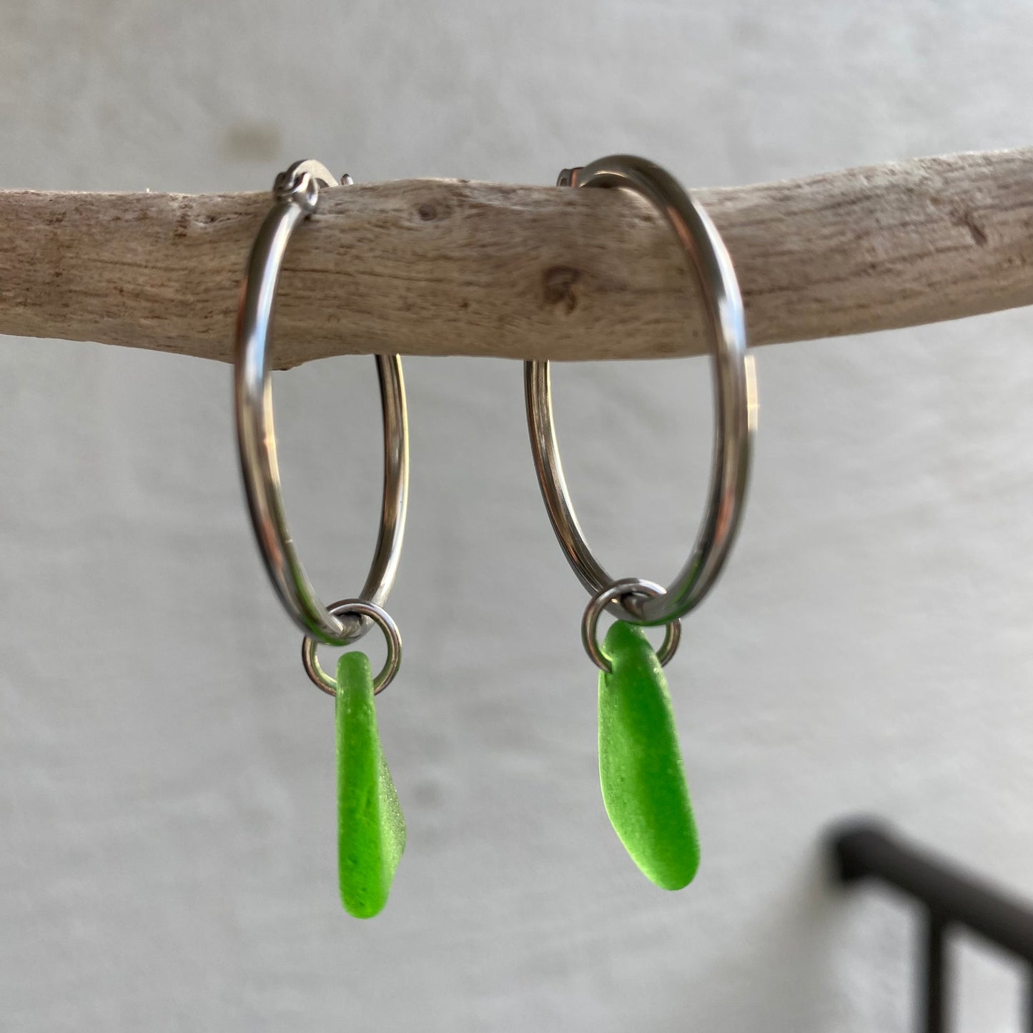 Kelly Green Sea Glass Earrings on Silver Stainless Steel Hoops