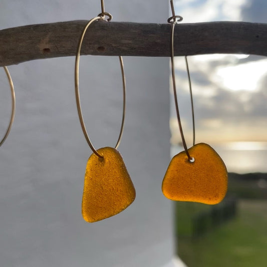 Brown Sea Glass Earrings on Gold PVD Thin Hoops