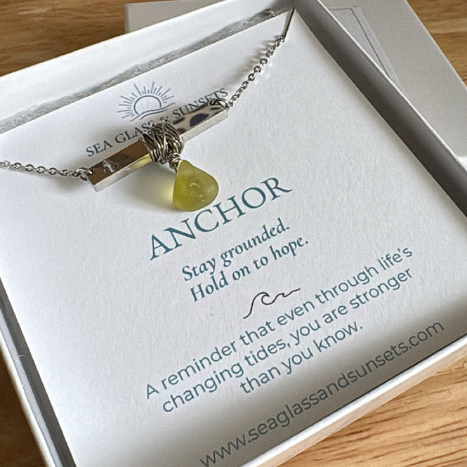 Silver Anchor Bar Necklace with Citron Sea Glass