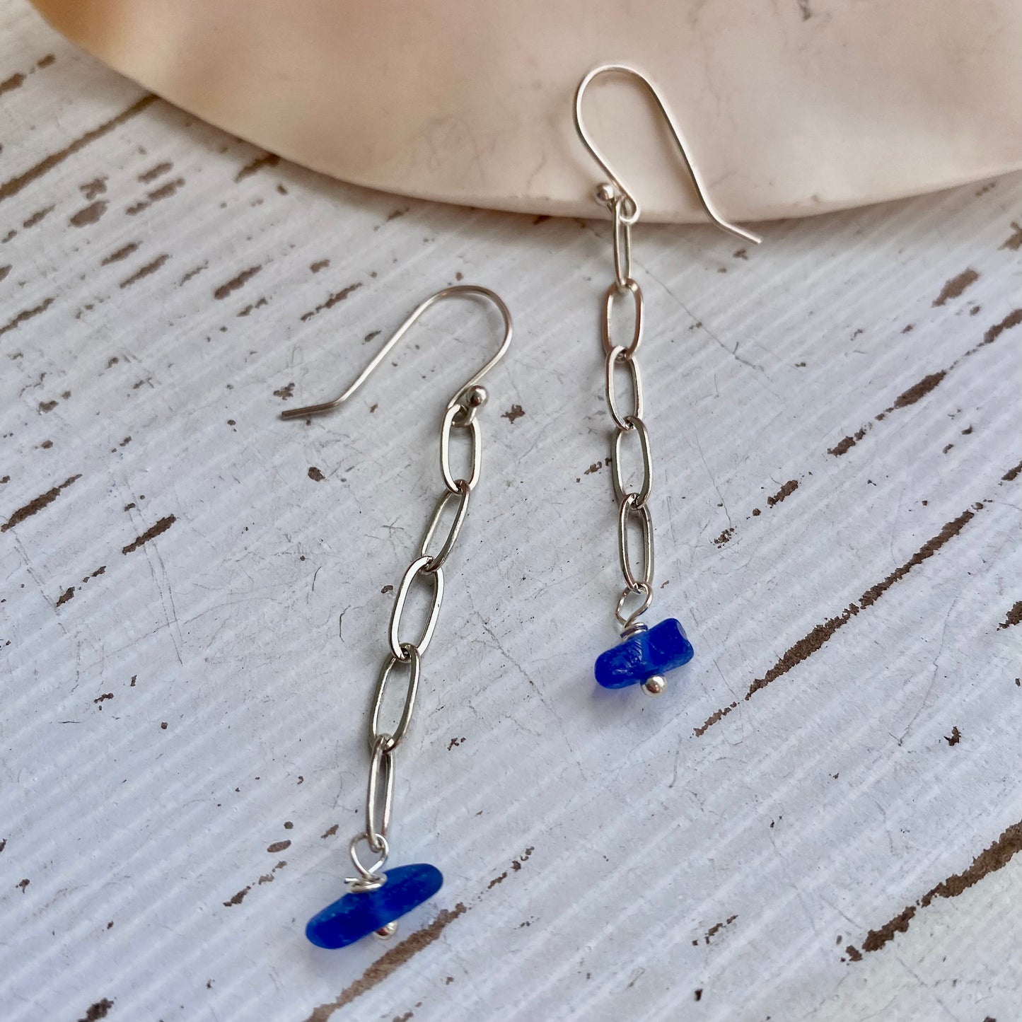 Cobalt Blue Sea Glass Chain Dangle Earrings – Sterling Silver
