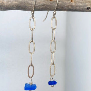 Cobalt Blue Sea Glass Chain Dangle Earrings – Sterling Silver