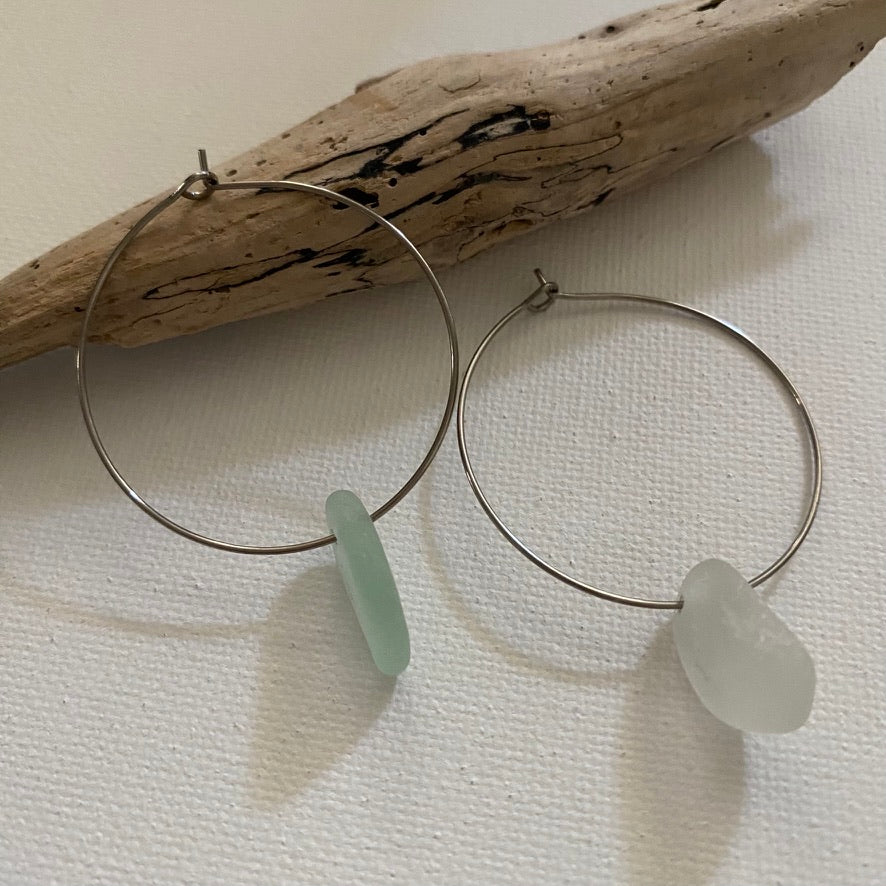 Clear & Sea Foam Sea Glass Earrings on Silver Stainless Steel Hoops