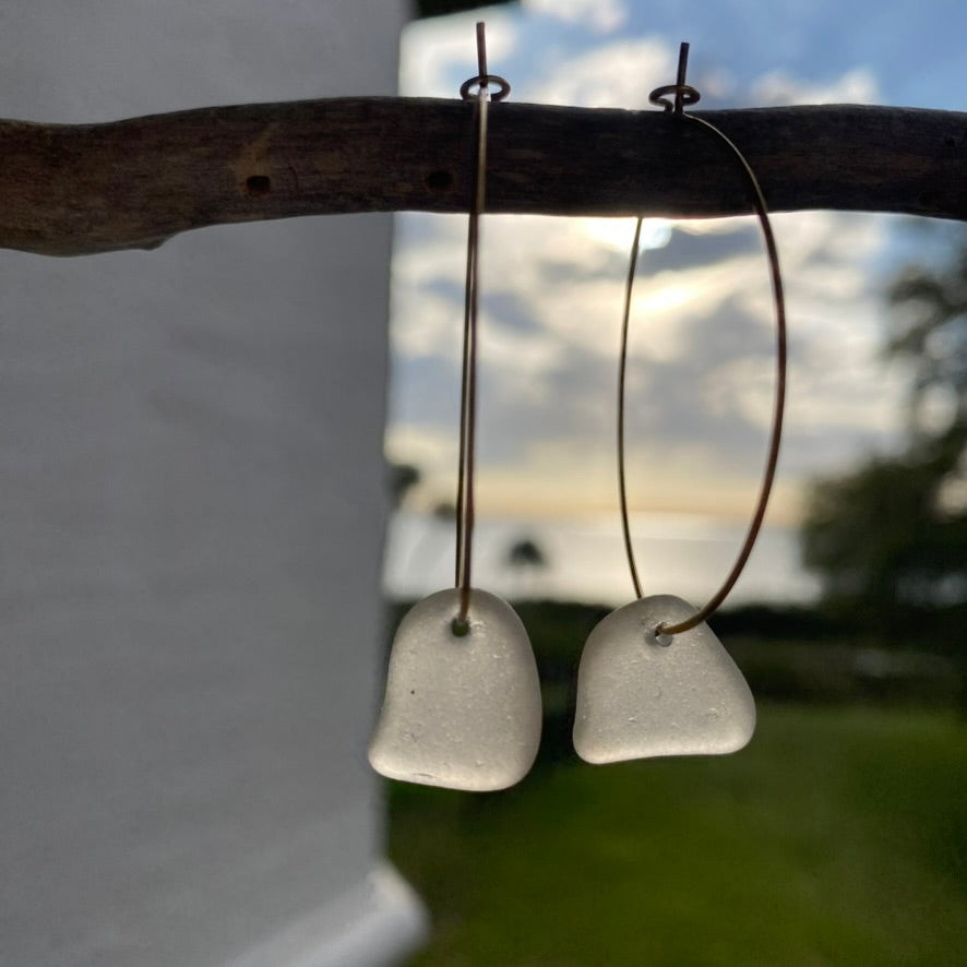Blush-Tinted Sea Glass Earrings on Gold PVD Thin Hoops