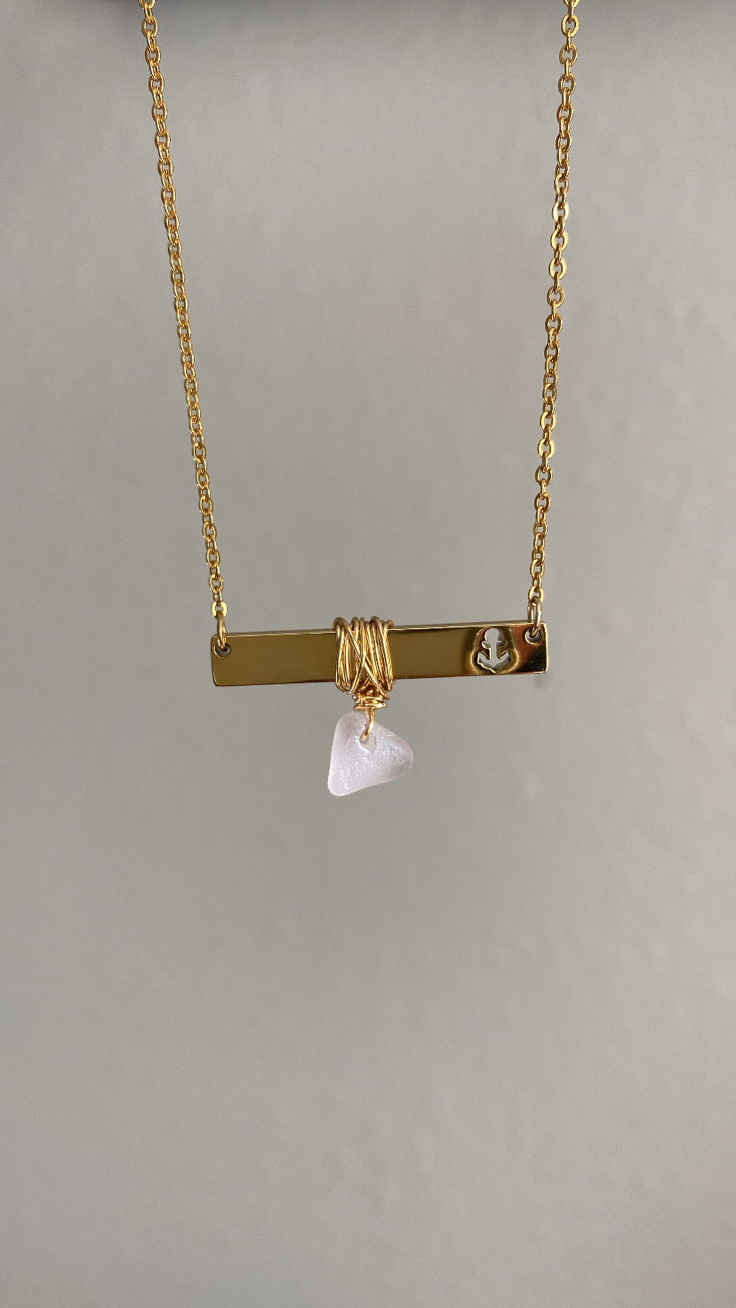 Gold Anchor Bar Necklace with Light Purple Sea Glass