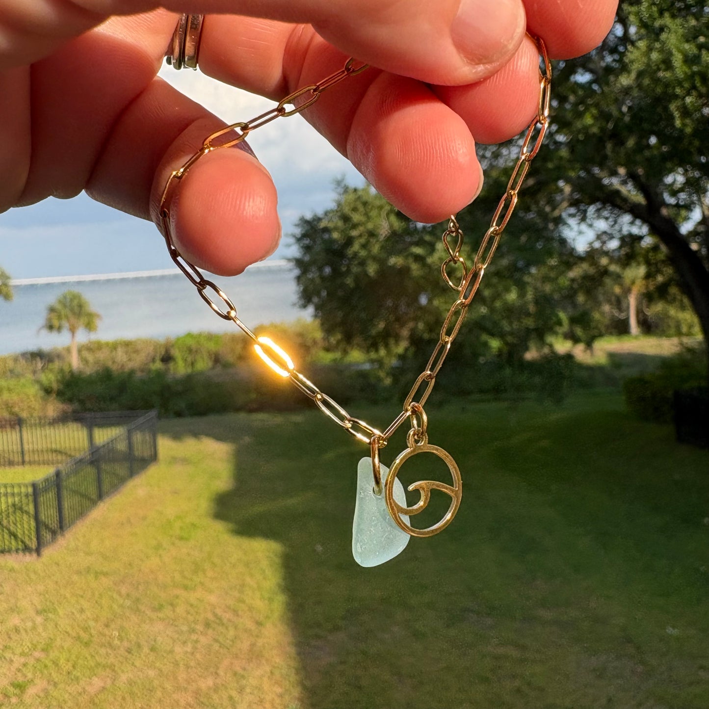 18K Gold PVD Sky Blue Sea Glass & Wave Paperclip Bracelet