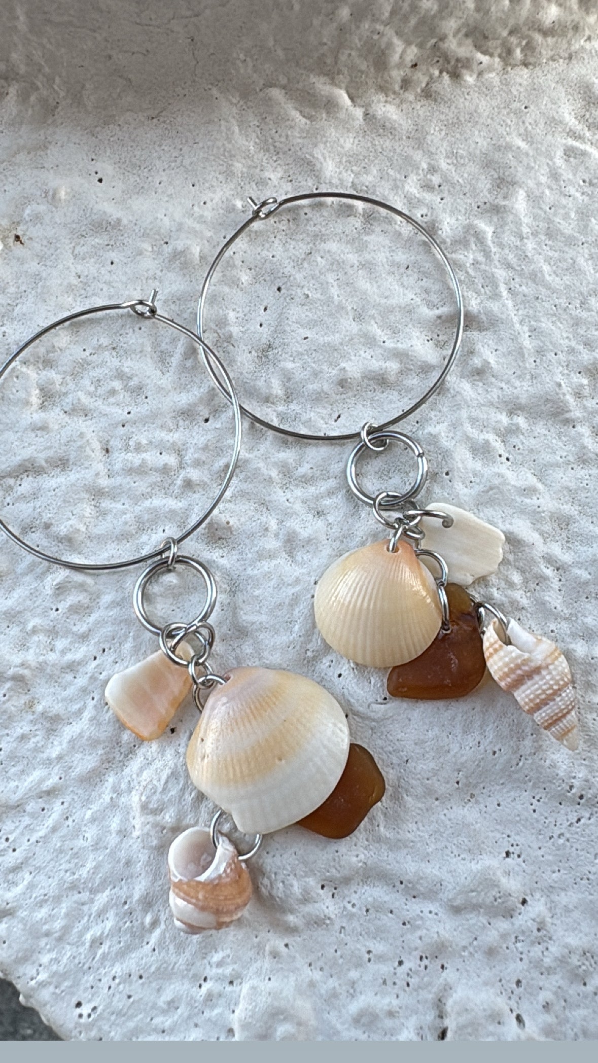 Brown Sea Glass & Venice Beach Shell Stainless Steel Hoop Earrings