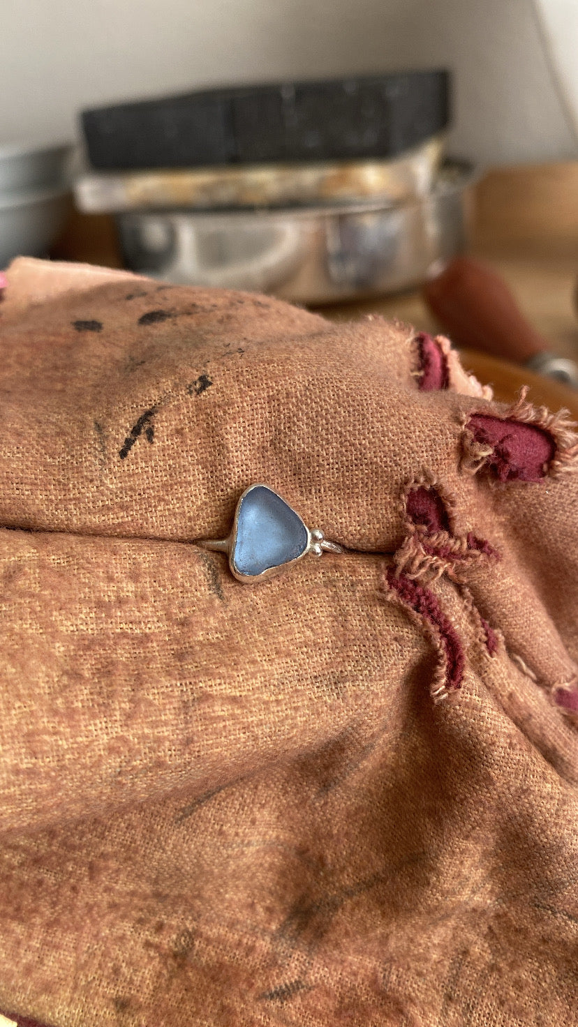 Cornflower Blue Sea Glass Bezel Ring – Sterling Silver (Size 9)