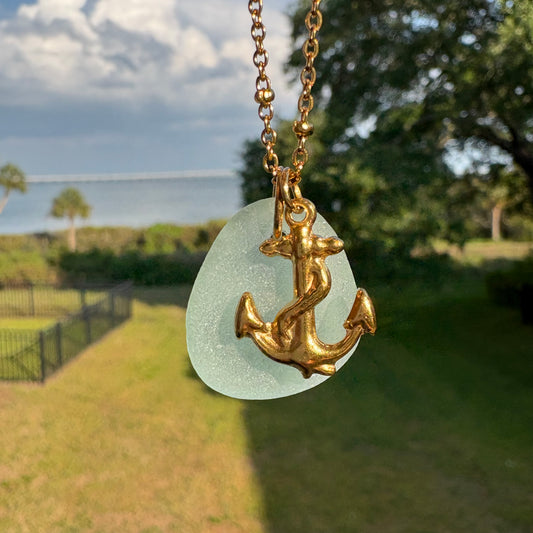 18k Gold Anchor & Sea Foam Sea Glass Chain (18-20”)