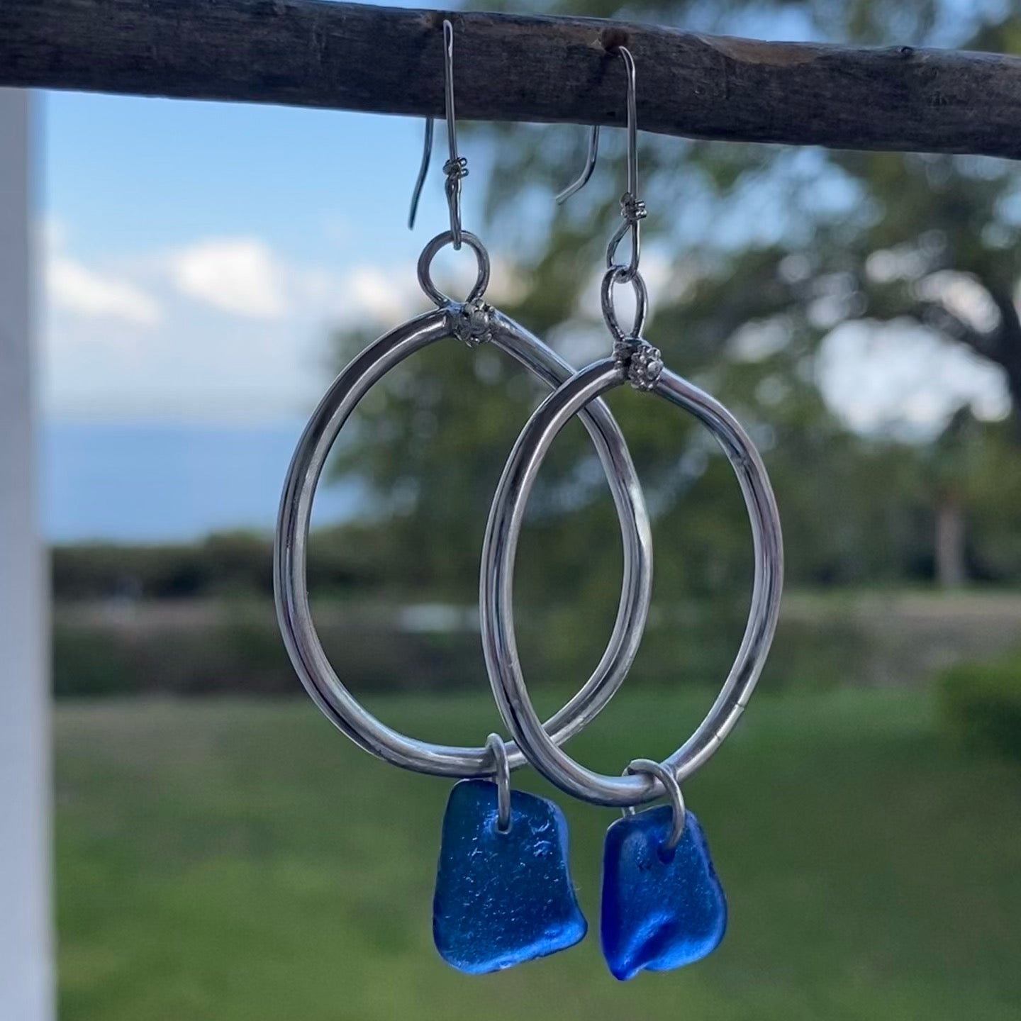 Handmade Sterling Silver Cobalt Blue Sea Glass Dangle Earrings